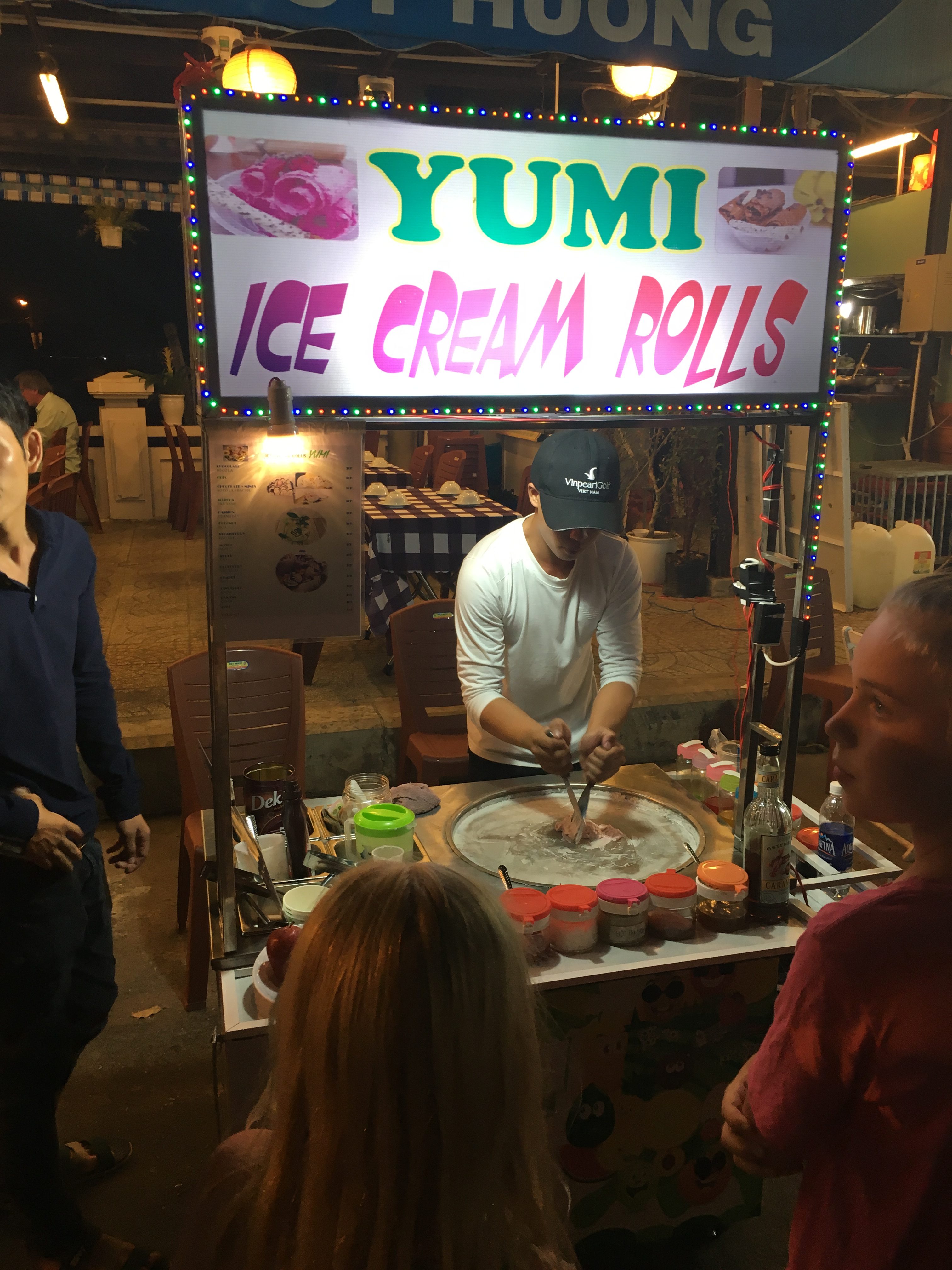 Thailand ice cream rolls at Dinh Cau Night Market in Phu Quoc, Vietnam.