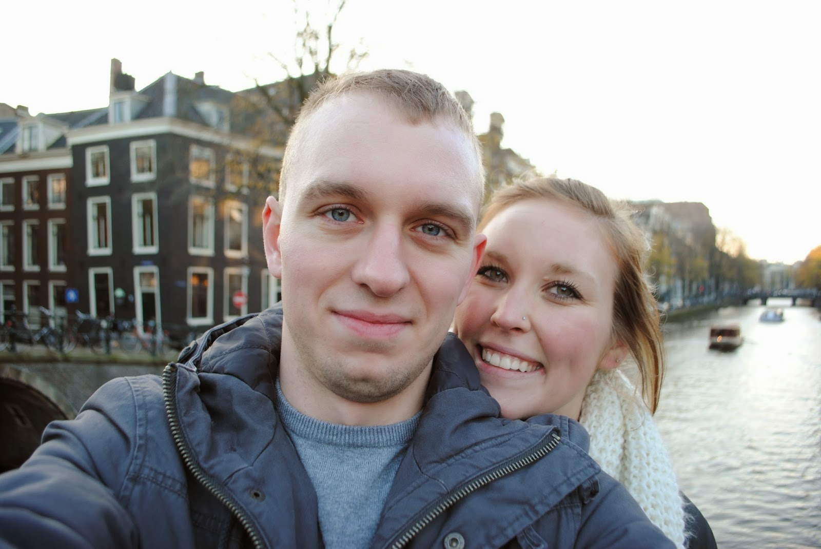 Ben and Erinn smile in Amsterdam.