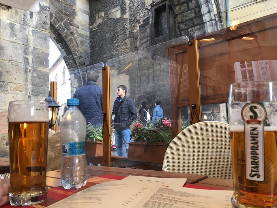 A couple of beers at an outdoor cafe in Prague.