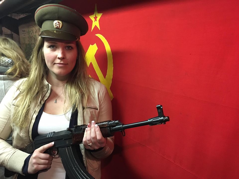 Erinn poses for a joke photo during the Prague Communism Tour