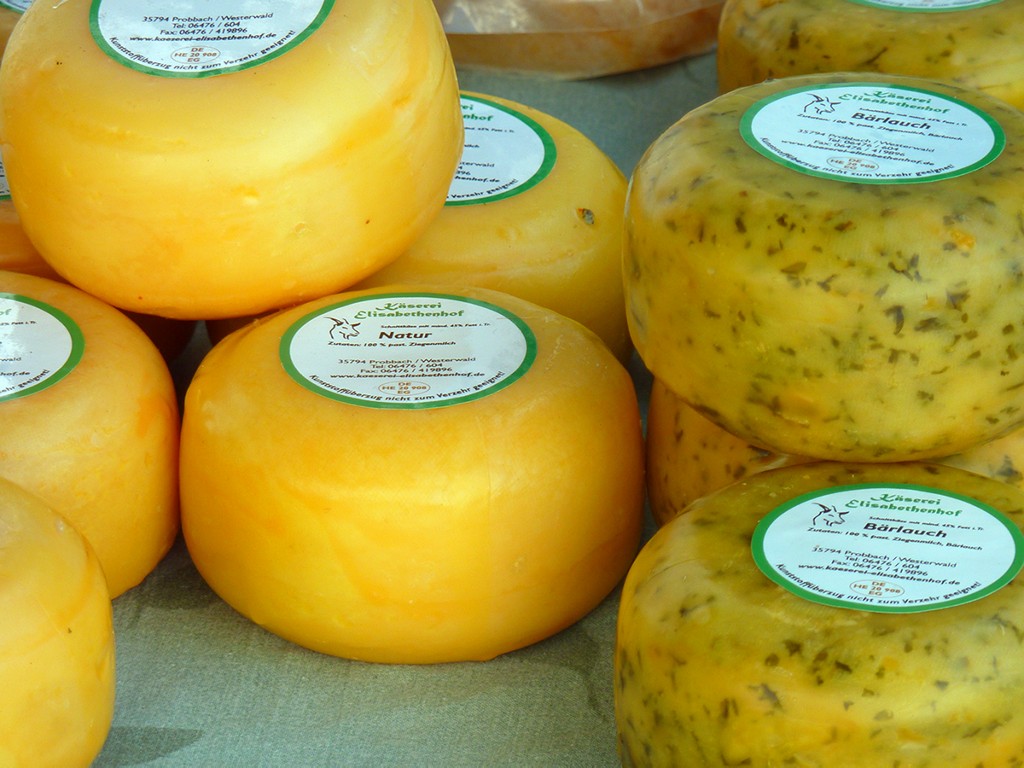 Fancy cheese for sale at a shopping bazaar in Germany.