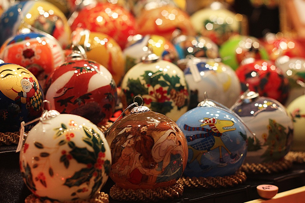 Handmade Christmas ornaments at a shopping bazaar in Germany.