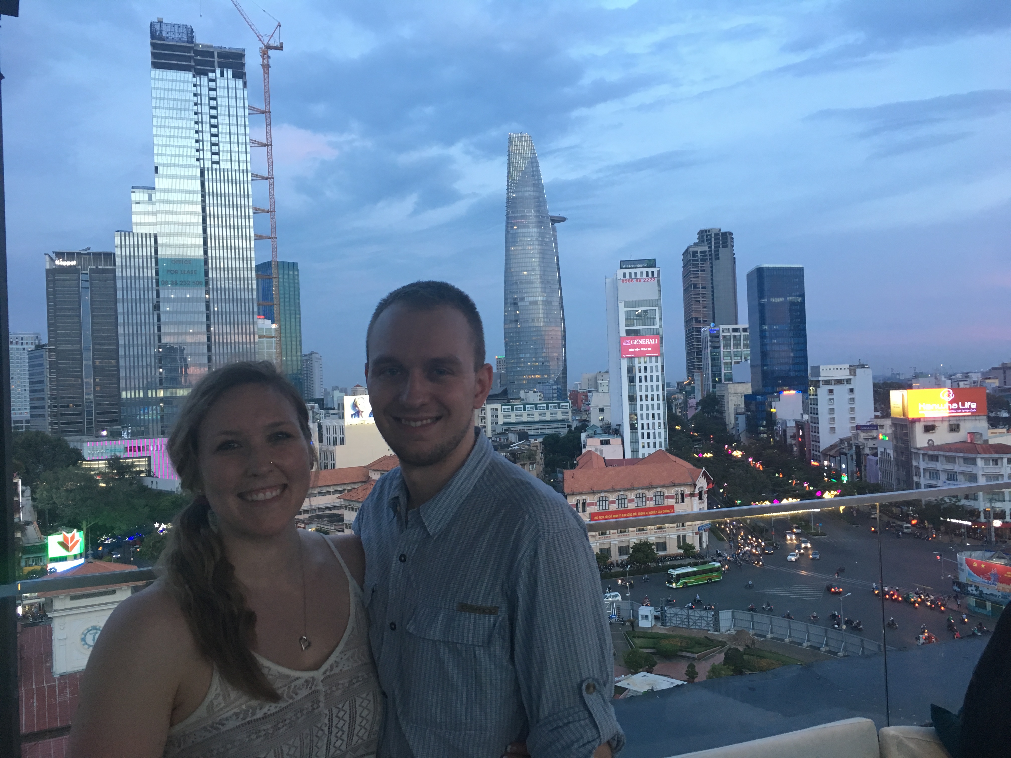 Erinn and Ben at the OMG rooftop bar in Ho Chi Minh City, Vietnam.