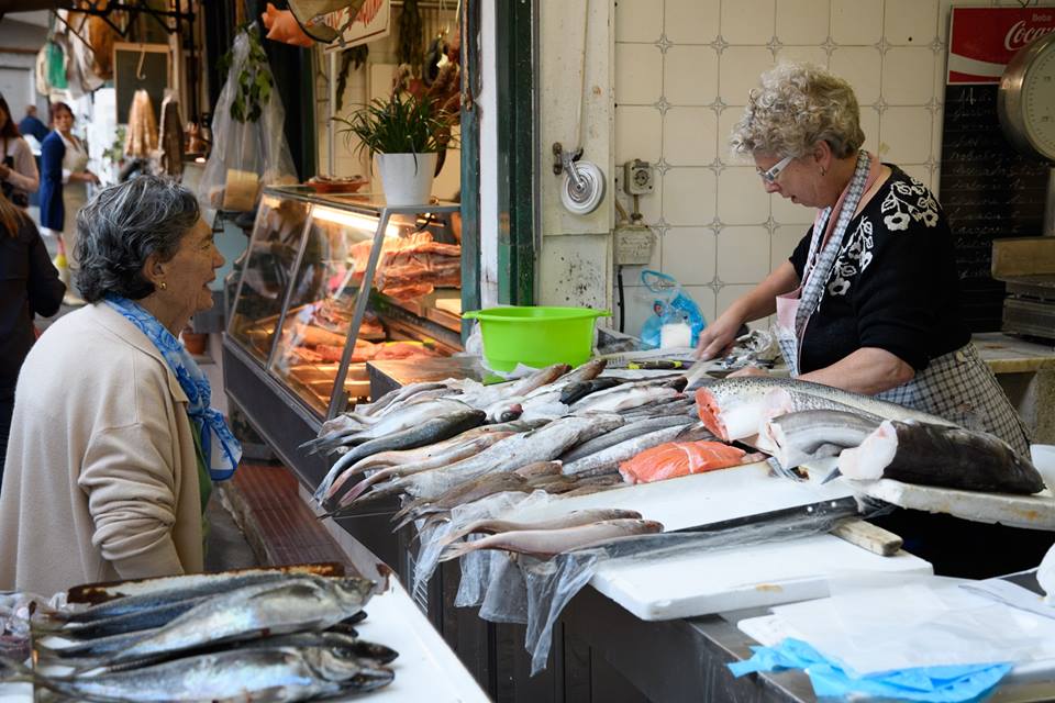 A fresh fish stand at Mercado do Bolhão in Porto, Portugal.