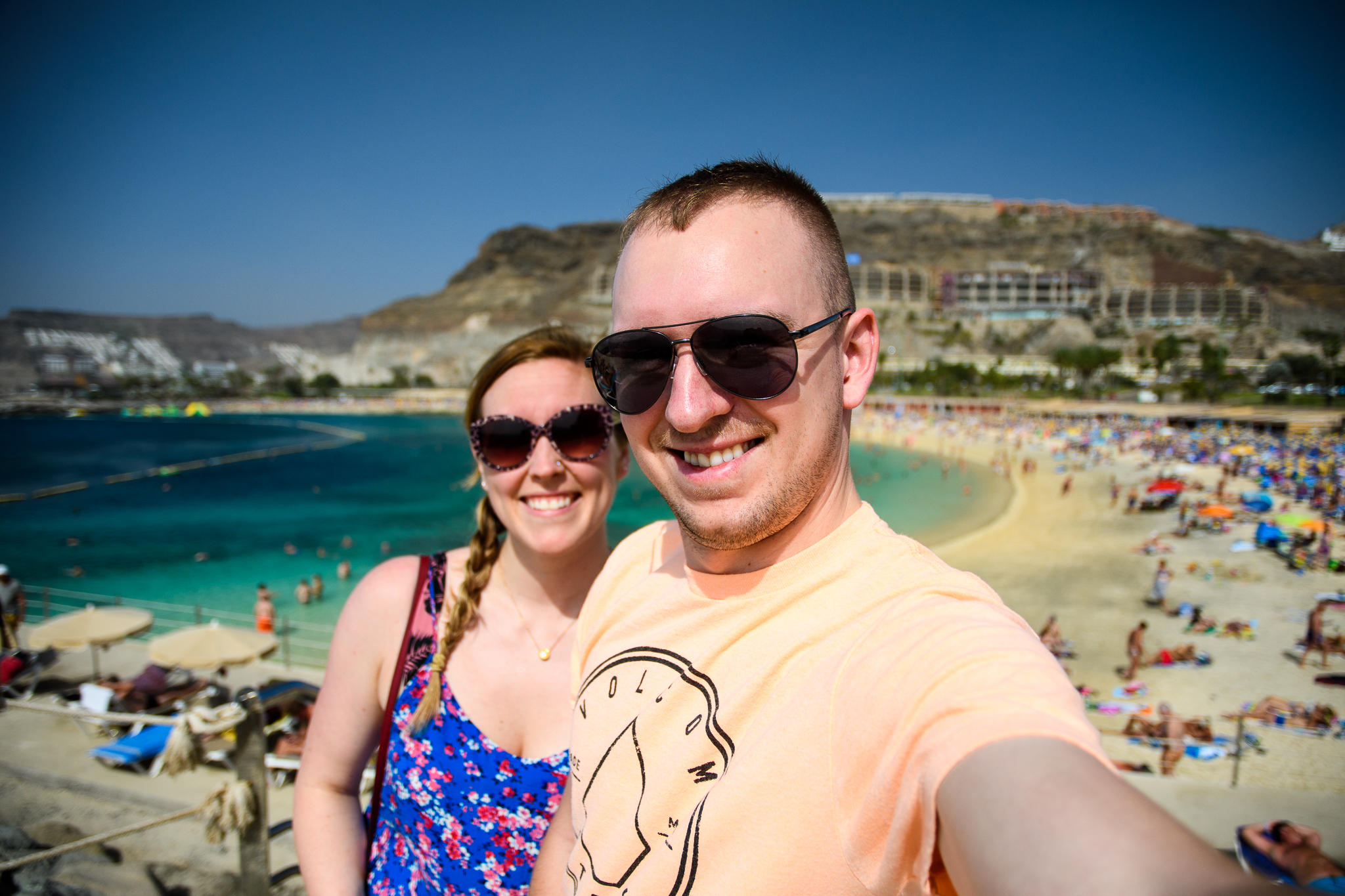 Erinn and Ben at Playa de Amadores beach in Gran Canaria.