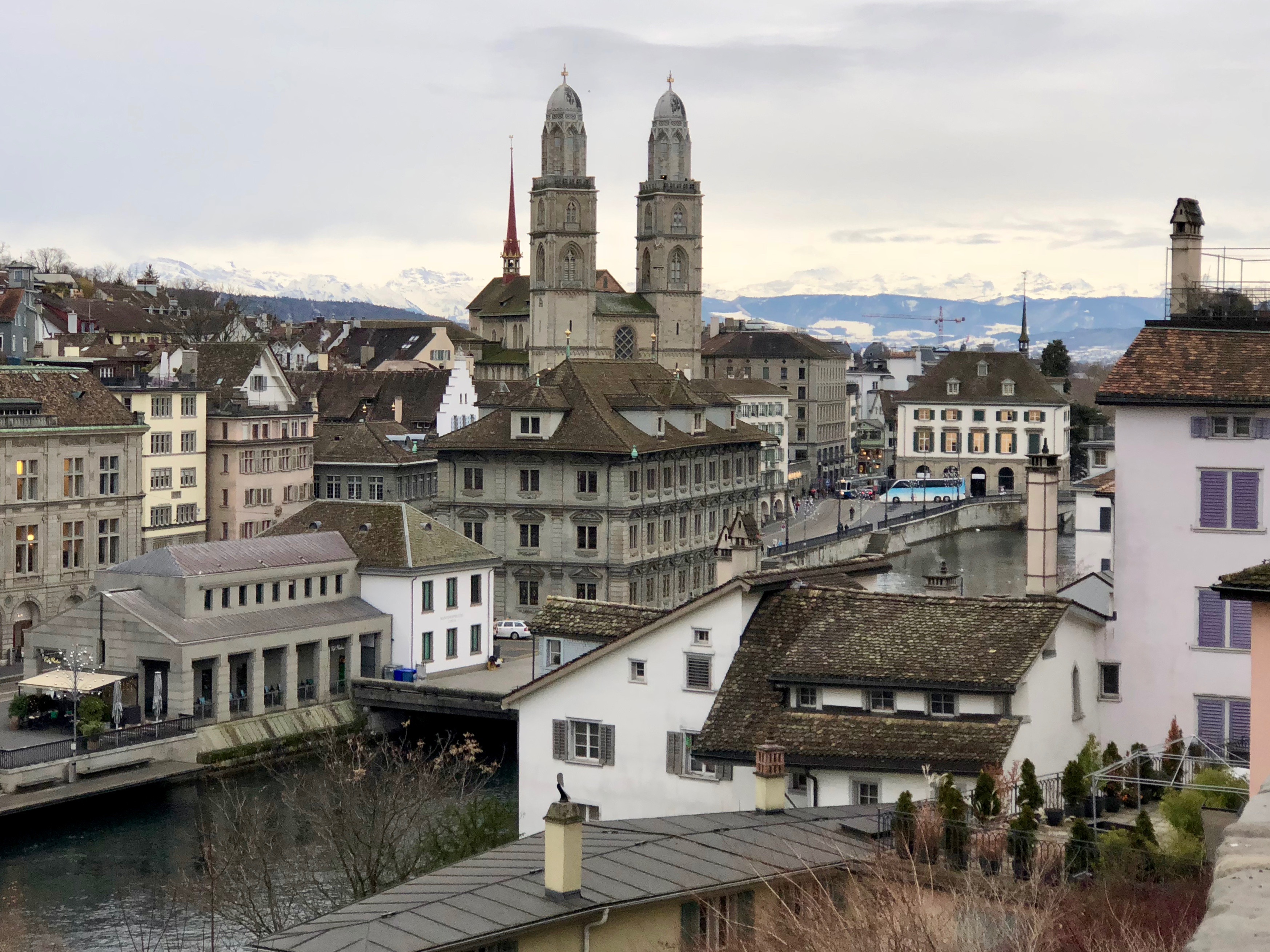 The view of Zurich and the Alps from Lindenhof.
