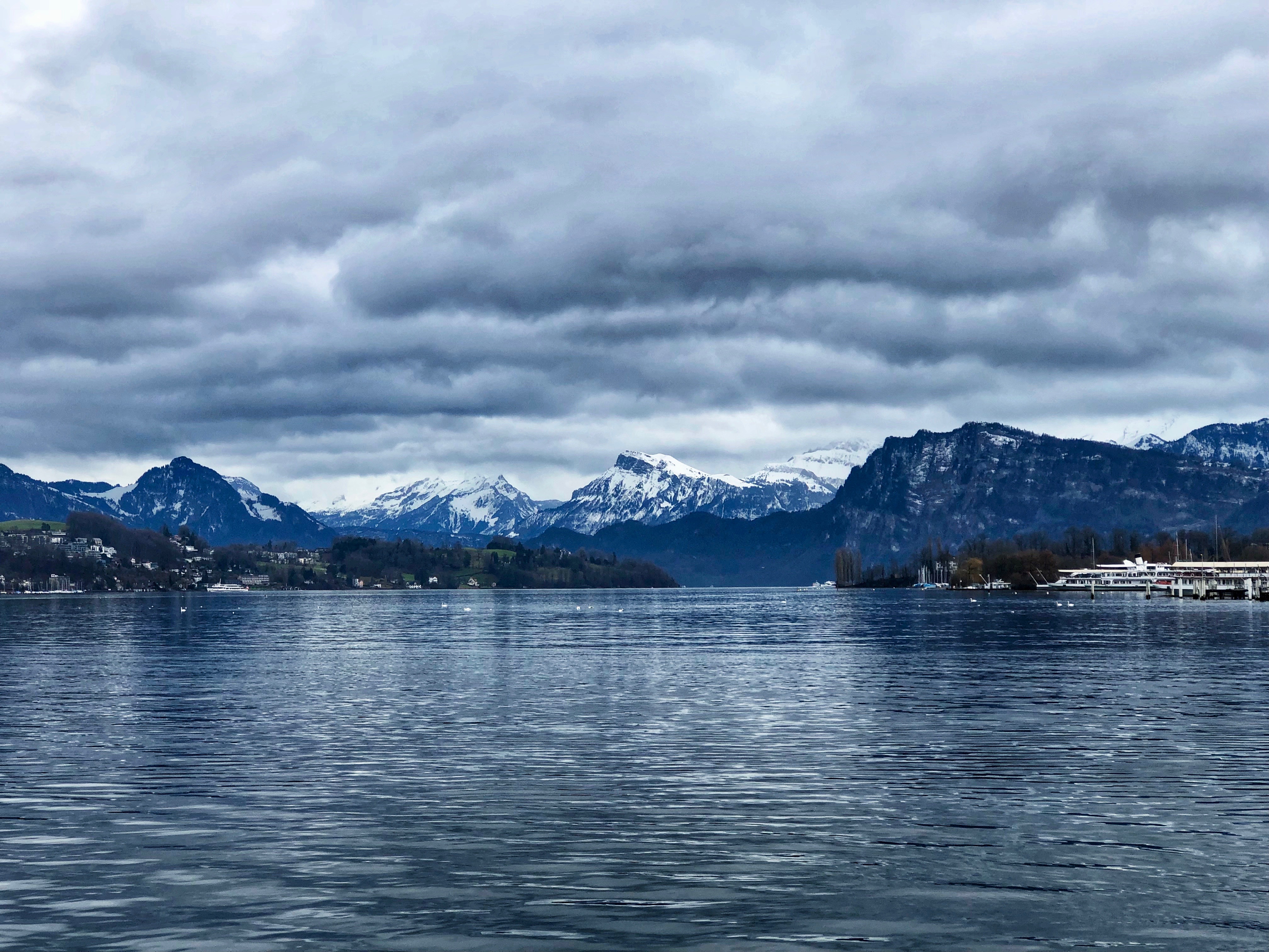 Lake Lucerne with the snowcapped Alps in the background.