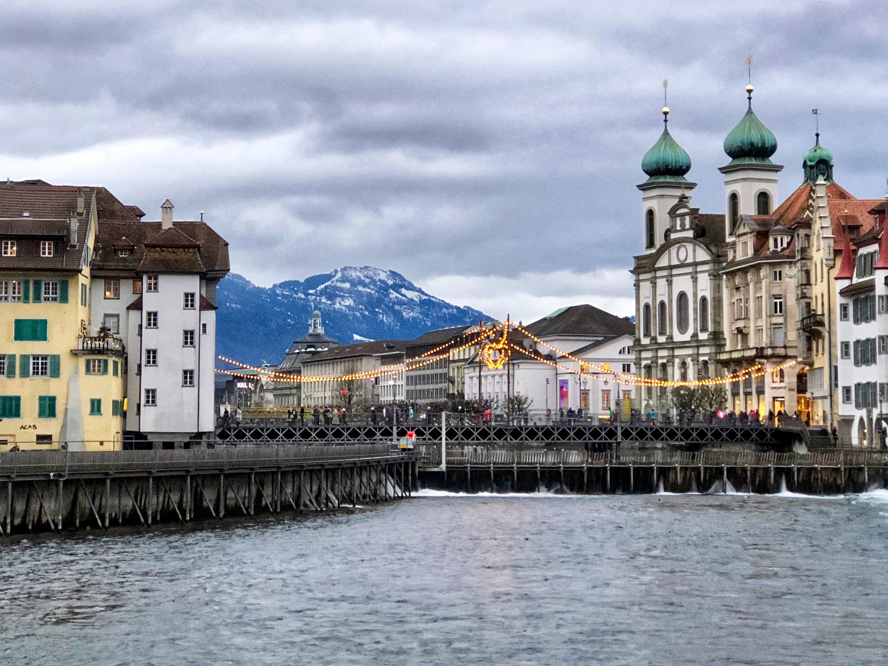 Lucerne, Switzerland, with the snowcapped mountains in the background.