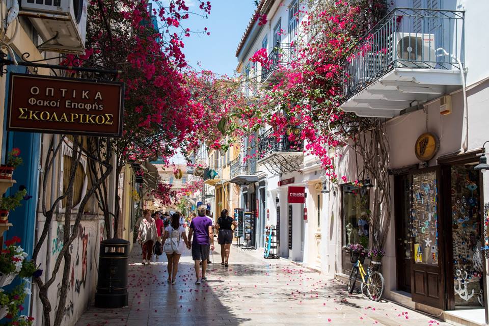 Flowers in the streets of old town Nafplio, Greece.