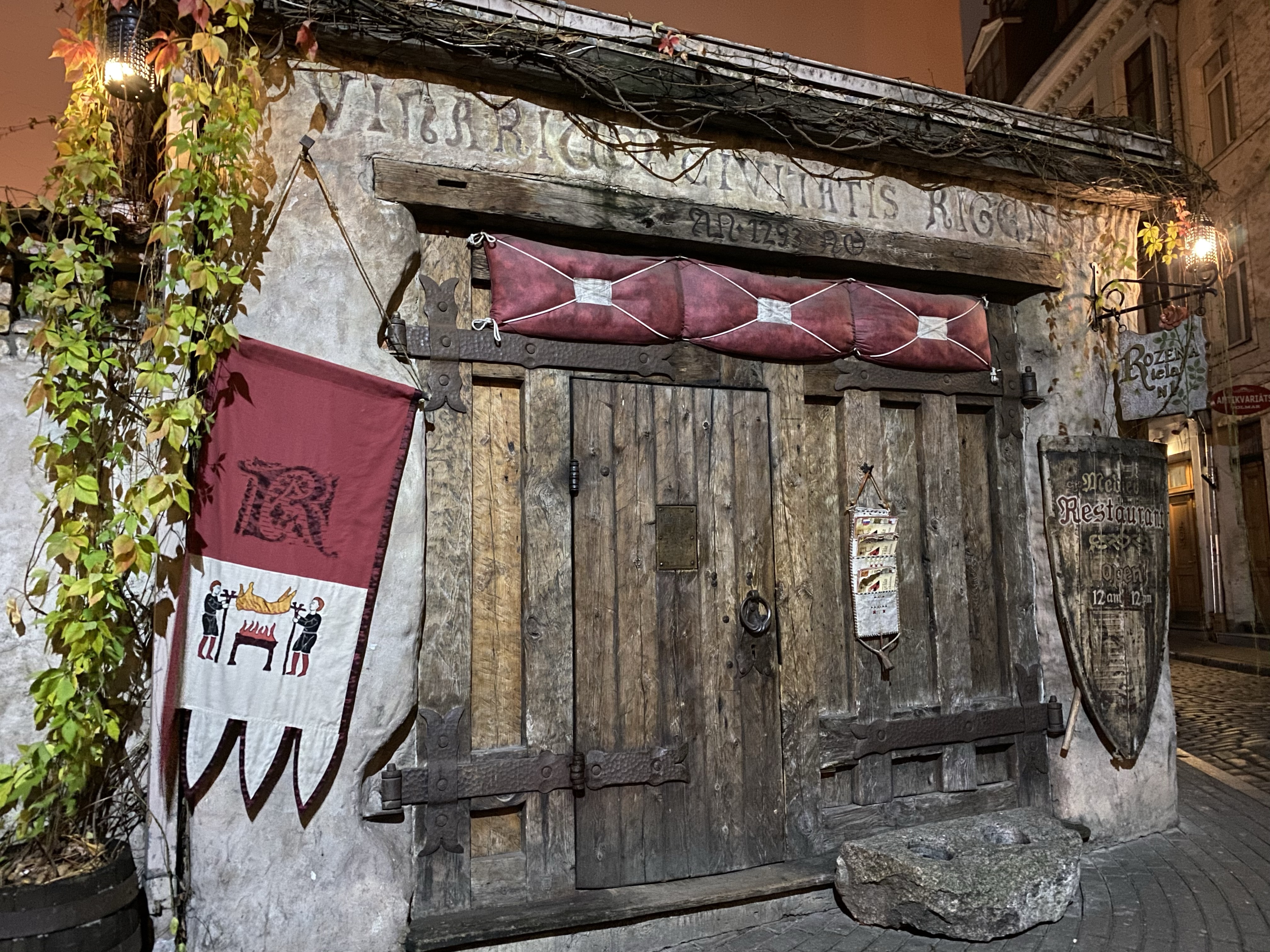 Entrance to Rozengrāls medieval restaurant in Riga, Latvia. 