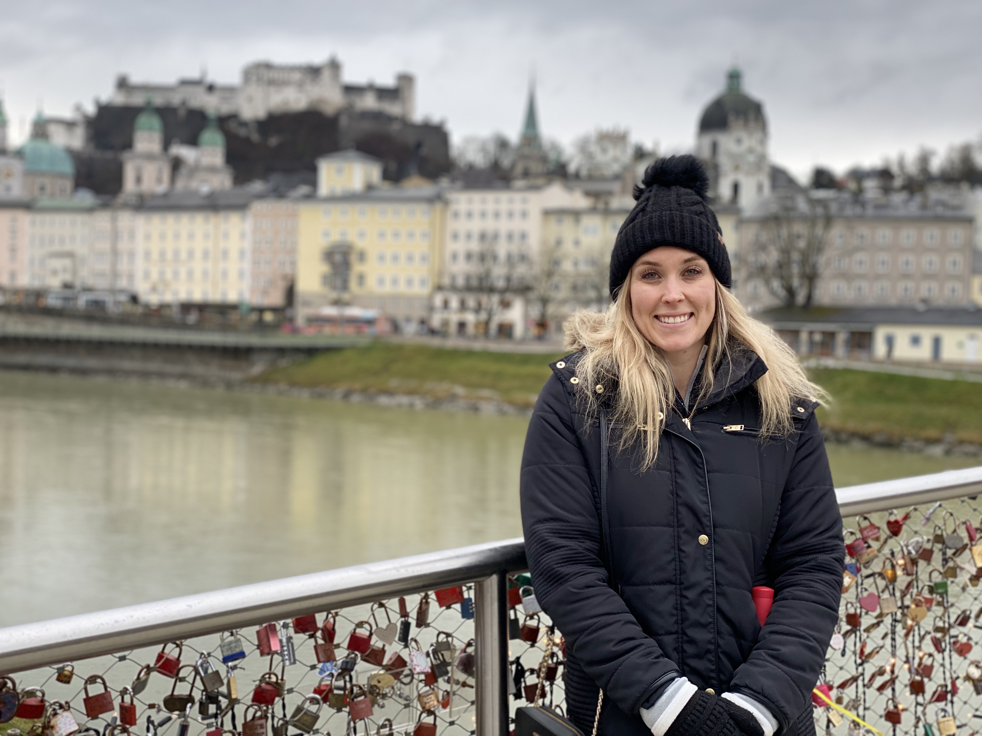 Erinn in Salzburg with the Hohensalzburg Fortress in the background.