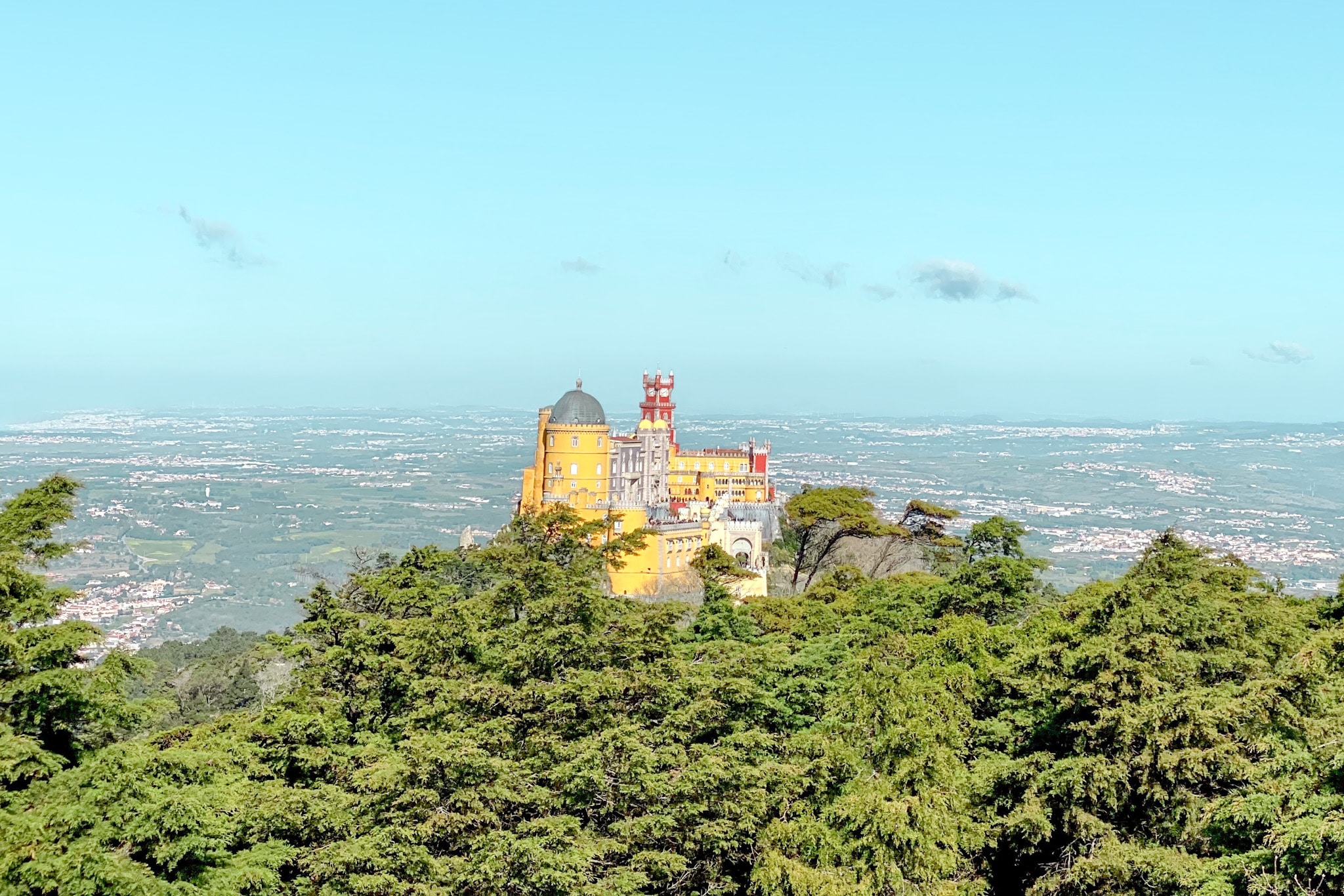Pena Palace from the High Cross viewpoint in Sintra, Portugal.
