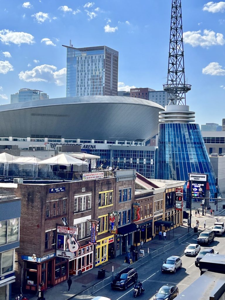 A view of the honky tonk stretch of Broadway from above.