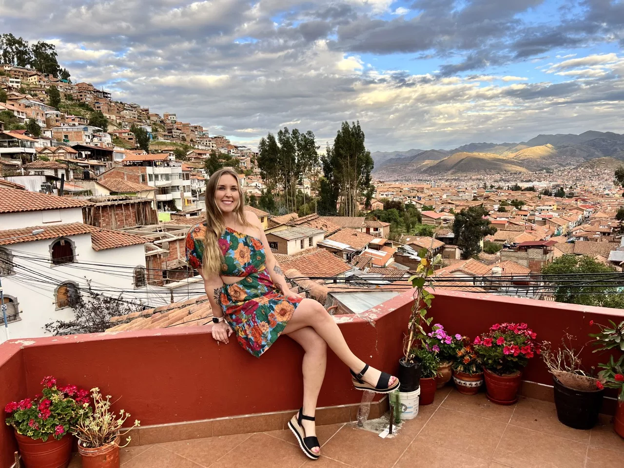 Erinn on the rooftop terrace of the Airbnb in Cusco.